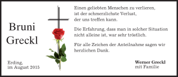 Todesanzeige von Bruni Greckl von merkurtz
