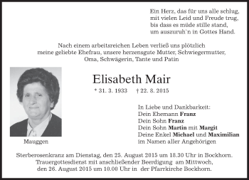 Todesanzeige von Elisabeth Mair von merkurtz