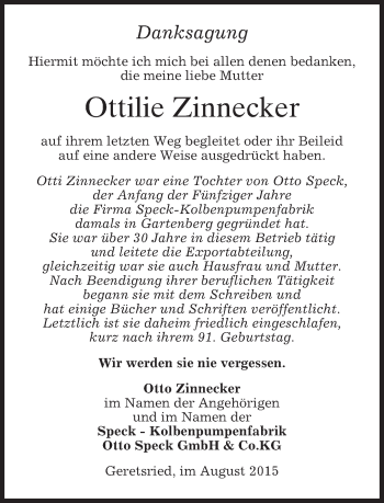 Todesanzeige von Ottilie Zinnecker von merkurtz