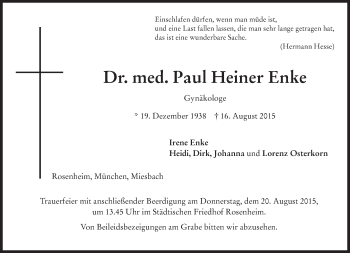 Todesanzeige von Paul Heiner Enke von merkurtz