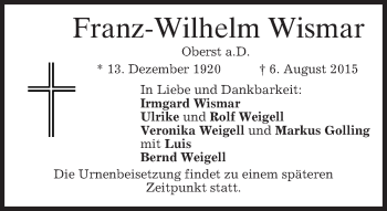 Todesanzeige von Franz-Wilhelm Wismar von merkurtz