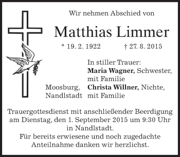 Todesanzeige von Matthias Limmer von merkurtz