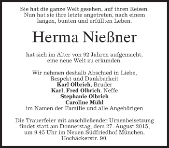 Todesanzeige von Herma Nießner von merkurtz