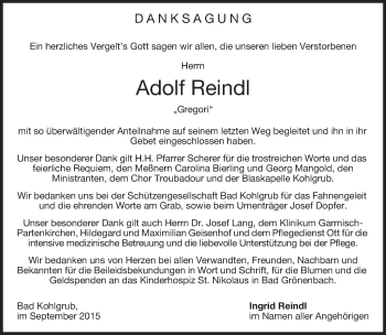 Todesanzeige von Adolf Reindl 