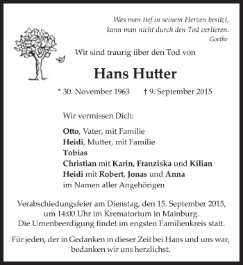 Todesanzeige von Hans Hutter 