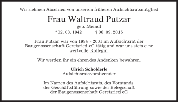 Todesanzeige von Waltraud Putzar 