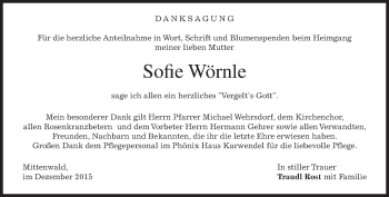 Todesanzeige von Sofie Wörnle 