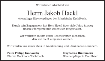 Todesanzeige von Jakob Hackl 