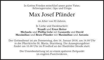 Todesanzeige von Max Josef Pfänder 