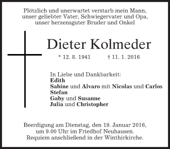Todesanzeige von Dieter Kolmeder 