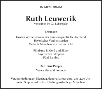 Todesanzeige von Ruth Leuwerik 