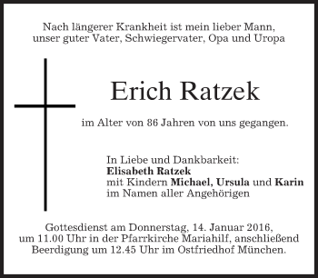 Todesanzeige von Erich Ratzek 