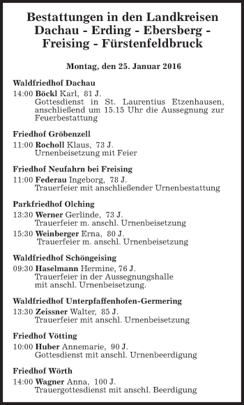 Todesanzeige von Bestattungen vom 25.01.2016 