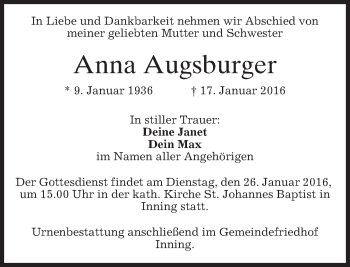 Todesanzeige von Anna Augsburger 