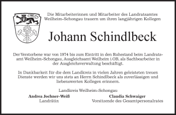 Todesanzeige von Johann Schindlbeck 