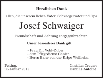 Todesanzeige von Josef Schwaiger 