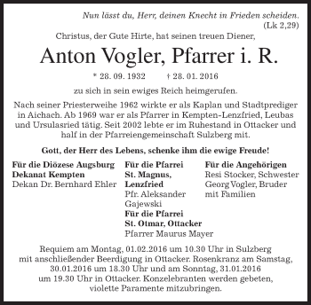 Todesanzeige von Anton Vogler 