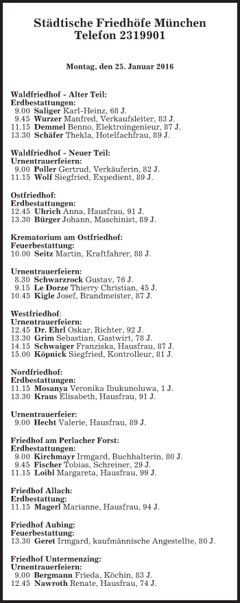 Todesanzeige von Bestattungen vom 25.01.2016 
