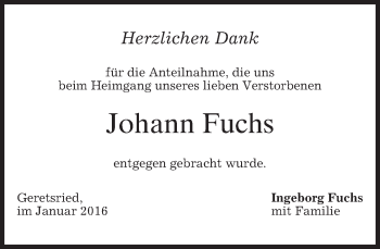 Todesanzeige von Johann Fuchs 