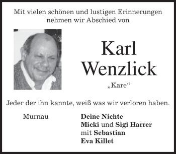 Todesanzeige von Karl Wenzlick 