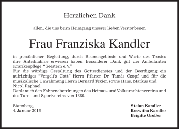 Todesanzeige von Franziska Kandler 