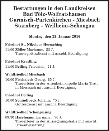 Todesanzeige von Bestattungen vom 25.01.2016 