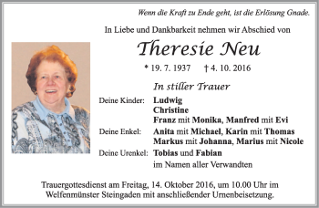 Todesanzeige von Theresie Neu von merkurtz