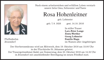 Todesanzeige von Rosa Hohenleitner von merkurtz
