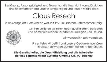 Todesanzeige von Claus Resech von merkurtz