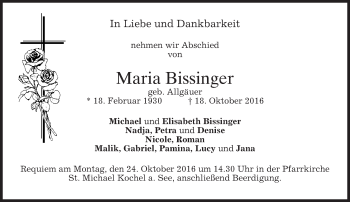 Todesanzeige von Maria Bissinger von merkurtz