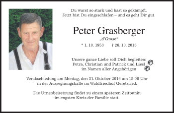Todesanzeige von Peter Grasberger von merkurtz