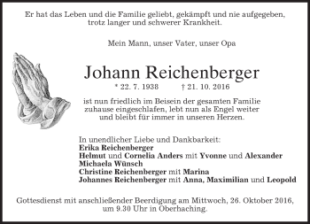 Todesanzeige von Johann Reichenberger von merkurtz