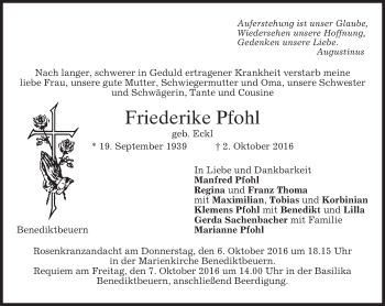 Todesanzeige von Friederike Pfohl von merkurtz