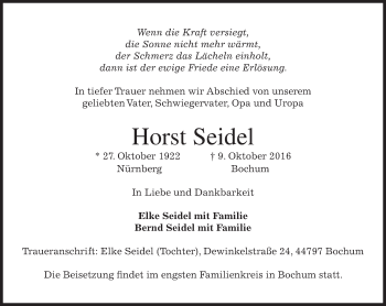 Todesanzeige von Horst Seidel von merkurtz