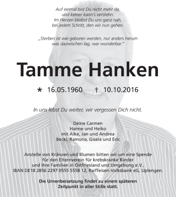 Todesanzeige von Tamme Hanken von merkurtz