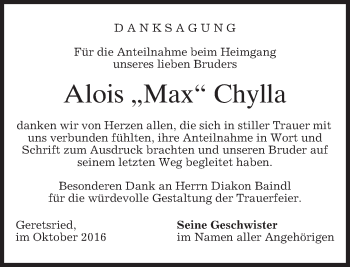 Todesanzeige von Alois Chylla von merkurtz