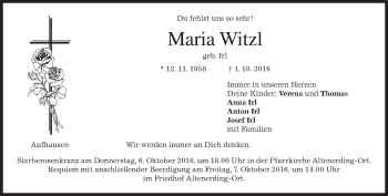 Todesanzeige von Maria Witzl von merkurtz
