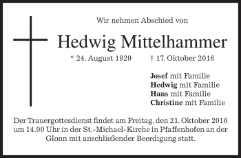 Todesanzeige von Hedwig Mittelhammer von merkurtz