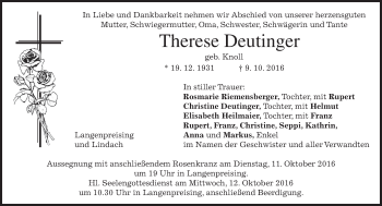 Todesanzeige von Therese Deutinger von merkurtz