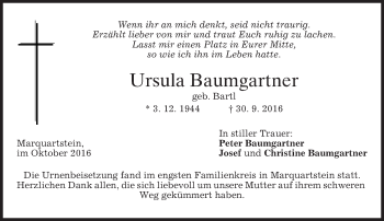Todesanzeige von Ursula Baumgartner von merkurtz