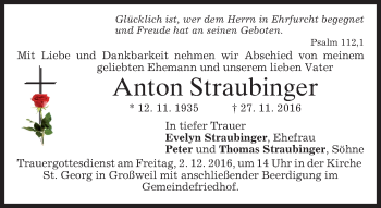 Todesanzeige von Anton Straubinger von merkurtz