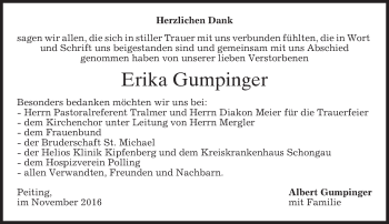 Todesanzeige von Erika Gumpinger von merkurtz