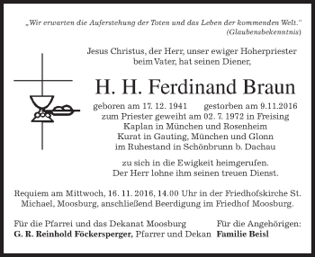Todesanzeige von Ferdinand Braun von merkurtz