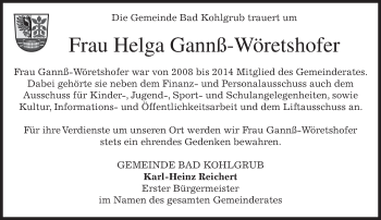 Todesanzeige von Helga Gannß-Wöretshofer von merkurtz