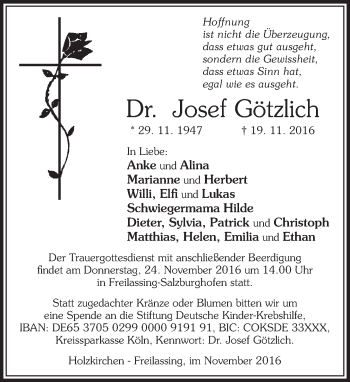Todesanzeige von Josef Götzlich von merkurtz