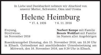 Todesanzeige von Helene Heimburg von merkurtz