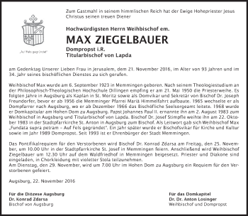 Todesanzeige von Max Ziegelbauer von merkurtz