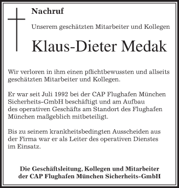 Todesanzeige von Klaus-Dieter Medak von merkurtz
