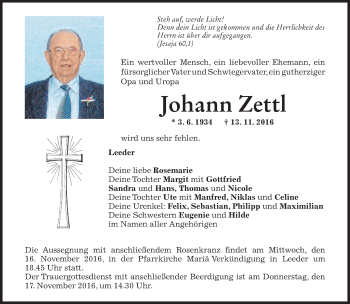 Todesanzeige von Johann Zettl von merkurtz