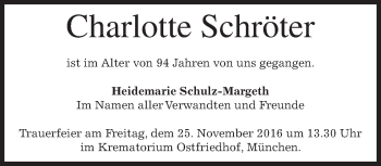 Todesanzeige von Charlotte Schröter von merkurtz